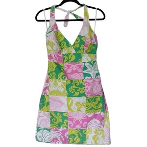 Lilly Pulitzer Vintage Colorful Patchwork Halter Dress With Lining Size 6